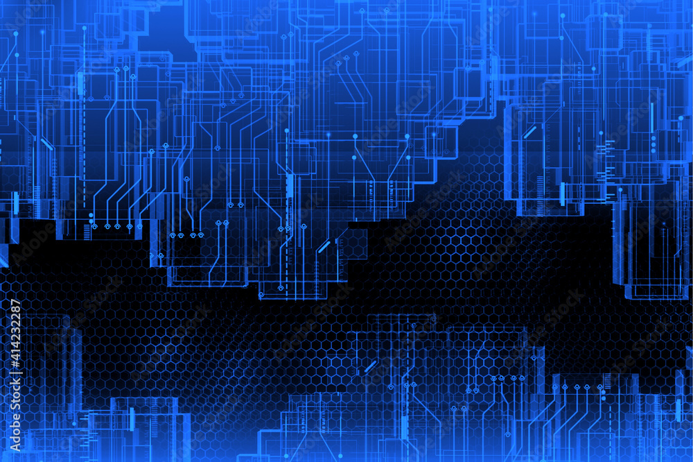 Poster abstract blue optic block building structure future digital wall frame background.