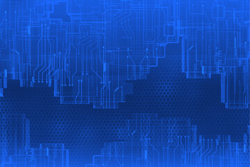 Abstract blue optic block building structure future digital wall frame background.