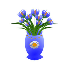 A vase with a bunch of flowers isolated on white.