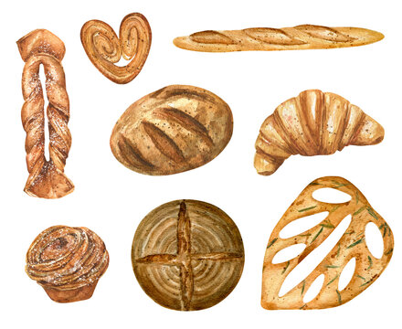 Watercolor set of different types of bread and pastry