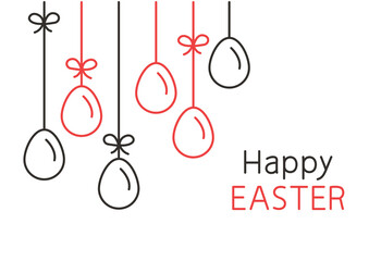 Easter egg garland vector with bow. Happy Easter greeting card, holiday banner thin line art. Black and red colors outline design. Editable stroke. Simple illustration