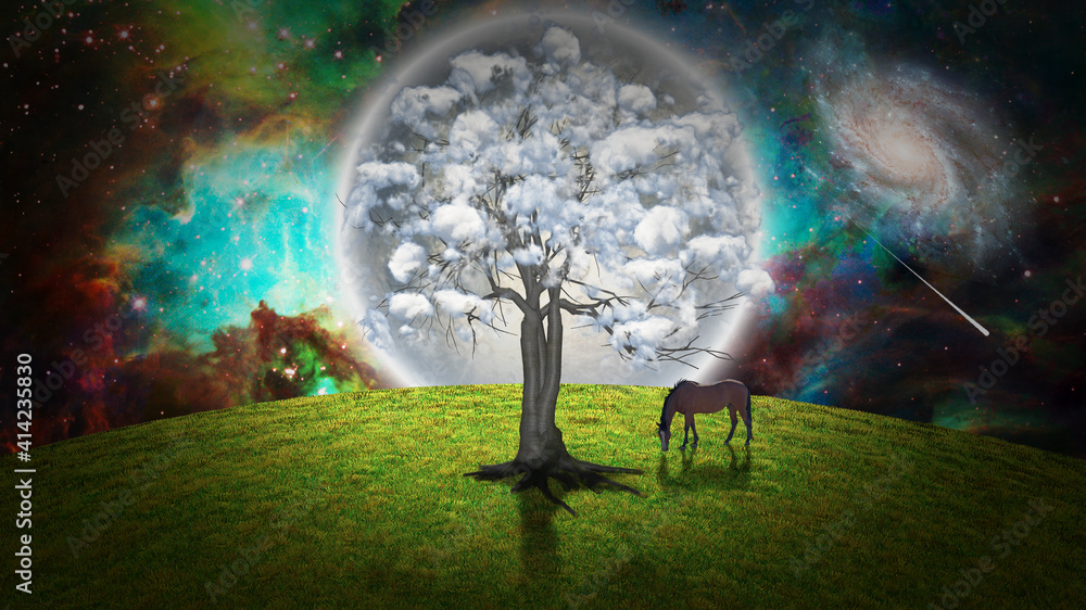Wall mural tree with clouds