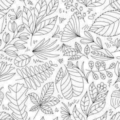 Cute vector summer hand drawn leaf seamless pattern. Print with leaves. Elegant beautiful monoline nature ornament for fabric, wrapping and textile. Scrapbook black and white paper