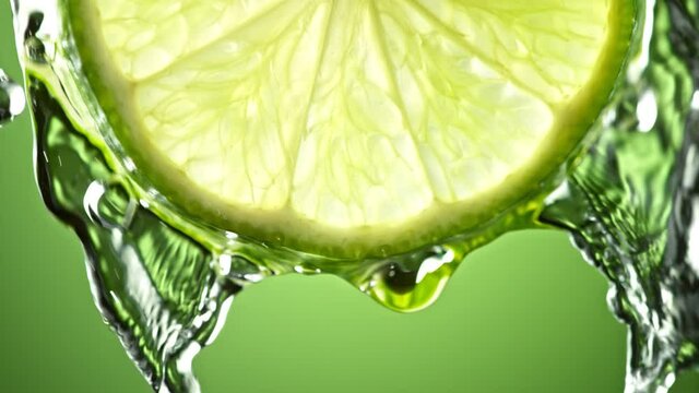 Super Slow Motion Macro Shot of Flowing Water from Lime Slice on Green Background at 1000fps.