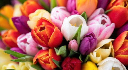 Colorful bouquet of beautiful tulips. Spring flowers. Full frame background. Greeting card with copy space for your advertising text message for Valentine's Day, Woman's Day and Mother's Day.