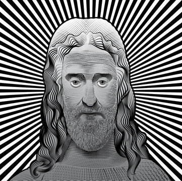 vector image of jesus christ in the style of classical graphics postcard engraving icon