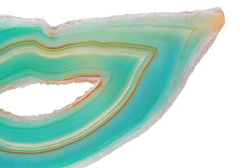 Amazing cross section of Green Agate Crystal cut isolated on white background. Natural translucent agate crystal surface, Green abstract structure slice mineral stone macro closeup