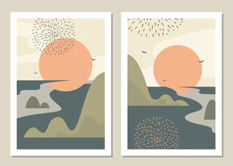 Art landscape wall set. Abstract landscape design for covers, posters, prints, wall art in a minimalist style. Vector.
