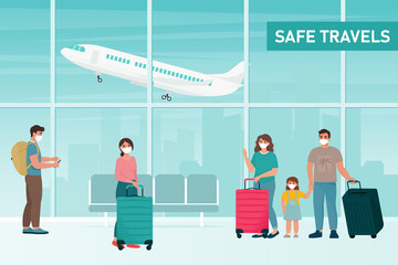 People in protection masks at the airport. Safe travel concept, during coronavirus pandemic. Vector illustration in flat style