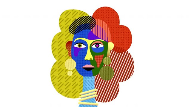 Abstract head of a woman with a lush hairstyle with rolling eyes and talking on a white background. High-resolution 4K looped cartoon.