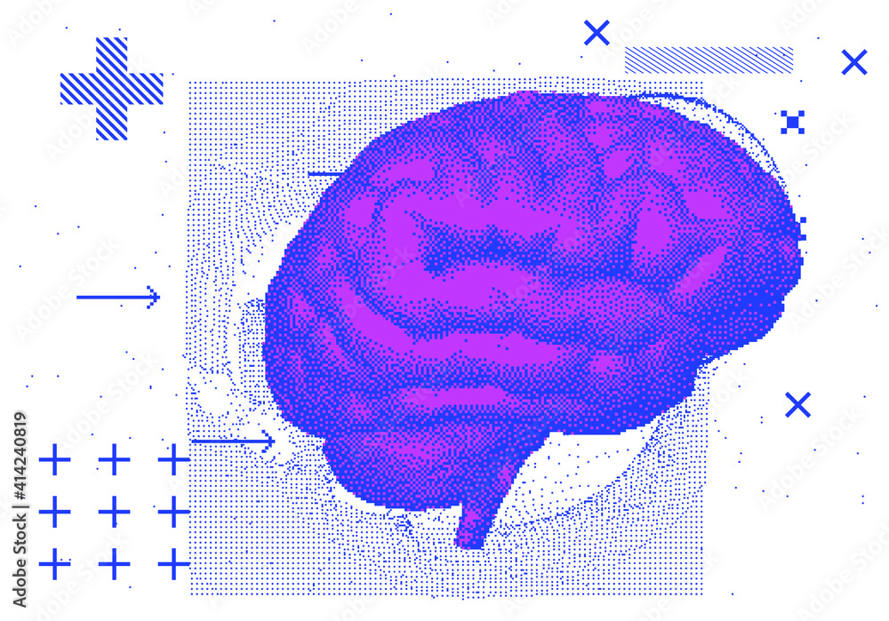 Aufkleber 3D vector illustration of brain made of pixels and particles. Concept of neural network, neurology and neuroscience.