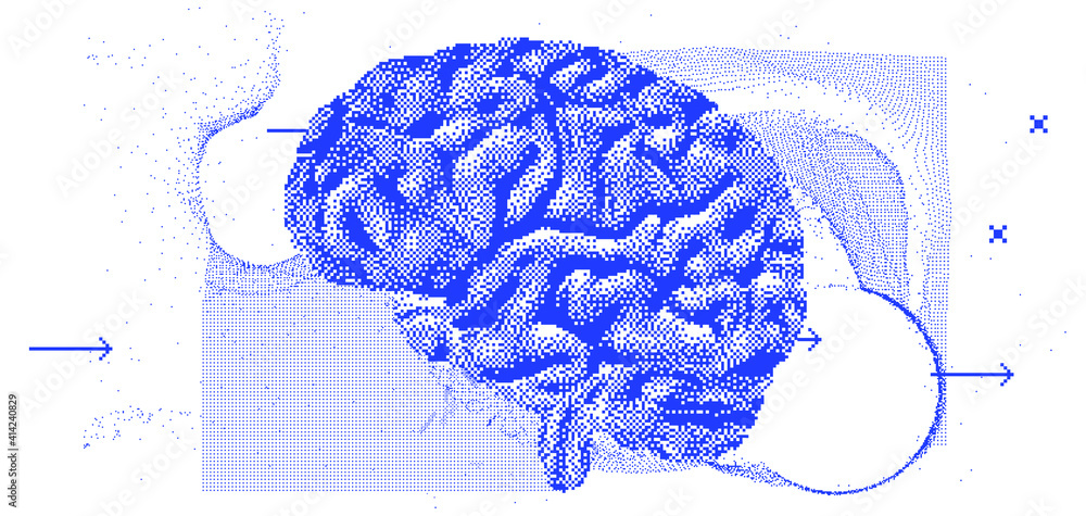 Poster 3D vector illustration of brain made of pixels and particles. Concept of neural network, neurology and neuroscience.