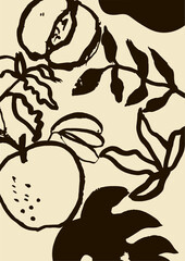 Ink wash fruit art with floral elements. Apple and peach ink line art. Ink brush abstract poster.