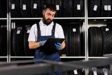 confident mechanic man checking characteristics of tyre in auto service shop, looking at paper,...