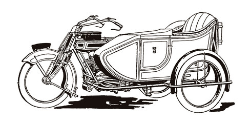 Antique motorcycle with sidecar in side view, after graphic from early 20th century