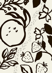 Black ink wash art with fruit, strawberries and floral elements on the beige isolated background.
