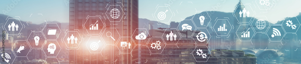 Poster erp enterprise resource planning system on virtual screen with connections between business intellig