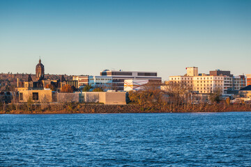 Canada, Central New Brunswick, Fredericton. City skyline from the Saint John River.