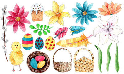 Hand painted watercolor Easter elements isolated on white background. Flowers, pussy willow, grass, Easter eggs, basket, feathers, chick and Easter nest.