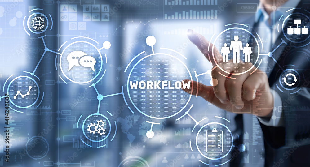 Poster workflow repeatability systematization buisness process. business technology internet