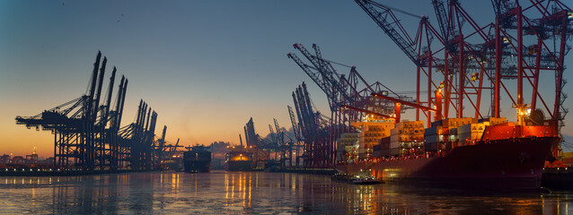 Container terminal in the port of Hamburg in the morning in freezing temperatures 