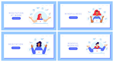 Set of landing pages with Business people Meditating at Workplace Sitting in front of laptop with calendar, clock, email, text message, documents on background. Office workers or freelancers relax.