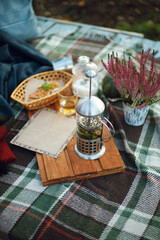 glass transparent french press teapot with hot tea on a wooden board near warm blankets at a picnic