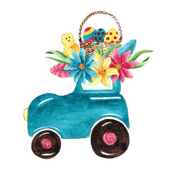 Watercolor Easter tractor illustration. Floral tractor composition with Easter eggs, isolated on white background.