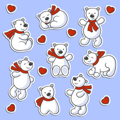 A set of stickers with cute polar bears