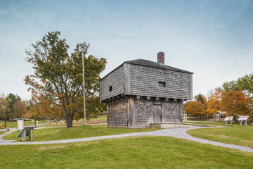 Fototapeta na wymiar Canada, New Brunswick, Bay of Fundy, St. Andrews By-The-Sea. Exterior of St. Andrews Blockhouse, military fort from the War of 1812.