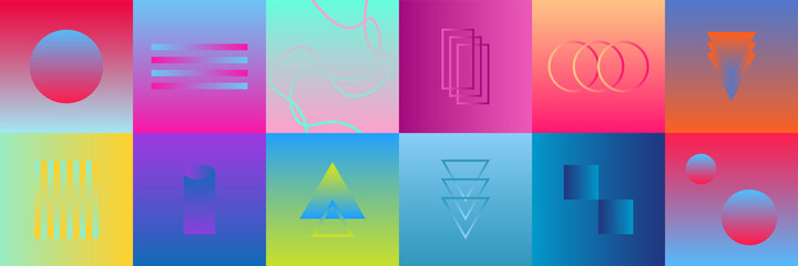 Set of Abstract Gradient Design Elements and Illustrations in Retro Cyberpunk Neon Style. Abstract Optical Illusion with Geometric Shapes on Modern Gradient Backgrounds