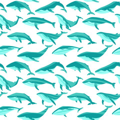 Decorative vector seamless pattern with whales. Ocean animals in trendy flat style.