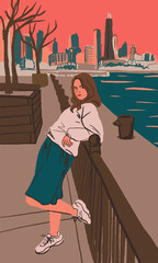 Young woman are standing on pier in Chicago city. Beautiful girl model posing on skyline view with skyscrapers. Vacation, tourism and travelling on America concept. Fashion vector illustration