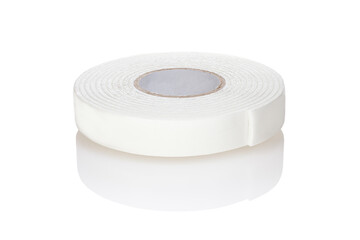 Double sided adhesive foam tape isolated on white background. Close-up. Full depth of field.