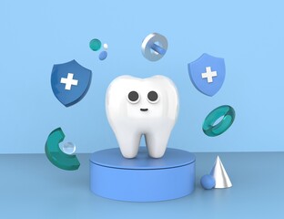 Dental insurance and healthcare 3D-rendering design. Happy cute tooth character on the podium with abstract forms around. Illustration for web page, banner, poster, template, layout.