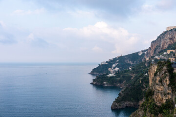 Rocky shore in world famous Amalfi coast. Unesco World heritage site. Campania, Italy.