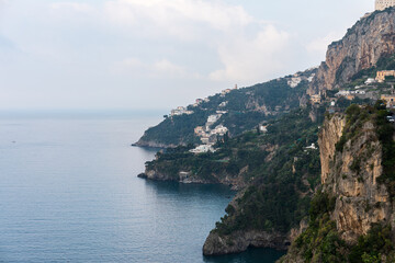Rocky shore in world famous Amalfi coast. Unesco World heritage site. Campania, Italy.
