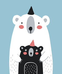 Cute White Big Bear with Little Black Baby Bear Isolated on a Light Blue Background. Nursery Vector Illustration with Funny Bears ideal for Poster, Wall Art, Mother's or Father's Day Card.