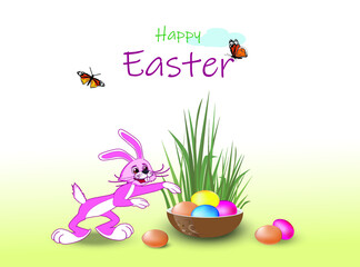 A cartoon pink Easter bunny wants to take colored eggs that
bring it to people. Vector drawing with the wish of Happy Easter. 