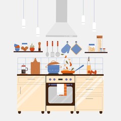 Modern kitchen interior with furniture, shelves, stove, pan and pot, food. Vector illustration in flat retro style
