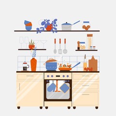 Modern kitchen interior with furniture, shelves, stove, pan and pot, food. Vector illustration in flat retro style