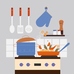 Pot and pan with cooked food on a stove. Kitchen interior with untensils. Vector illustration in flat style