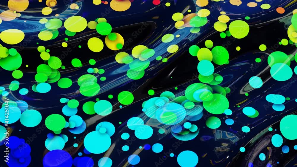 Poster abstract looped background of shiny glossy surface like wavy liquid with rainbow color circles float