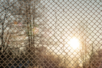the sun shines through a metal grate. the cage is covered with frost