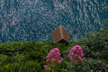 Rocky shore in world famous Amalfi coast. Unesco World heritage site. Campania, Italy.