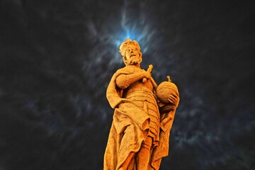 Statue of St. Charlemagne, Kingdom of the Franks,  Karolus Magnus, Founder of monasteries in Kutna Hora, Czech Republic, by night.