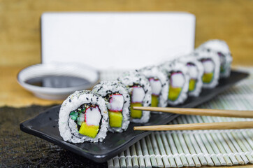 California roll on beautiful decorated plate