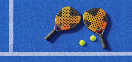Close up of  padel balls and rackets on a blue syntehtic playground. 3D rendering