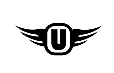 Obraz premium U alphabet letter logo for business and company with wings and black and white color. Corporate brading and lettering icon with simple design