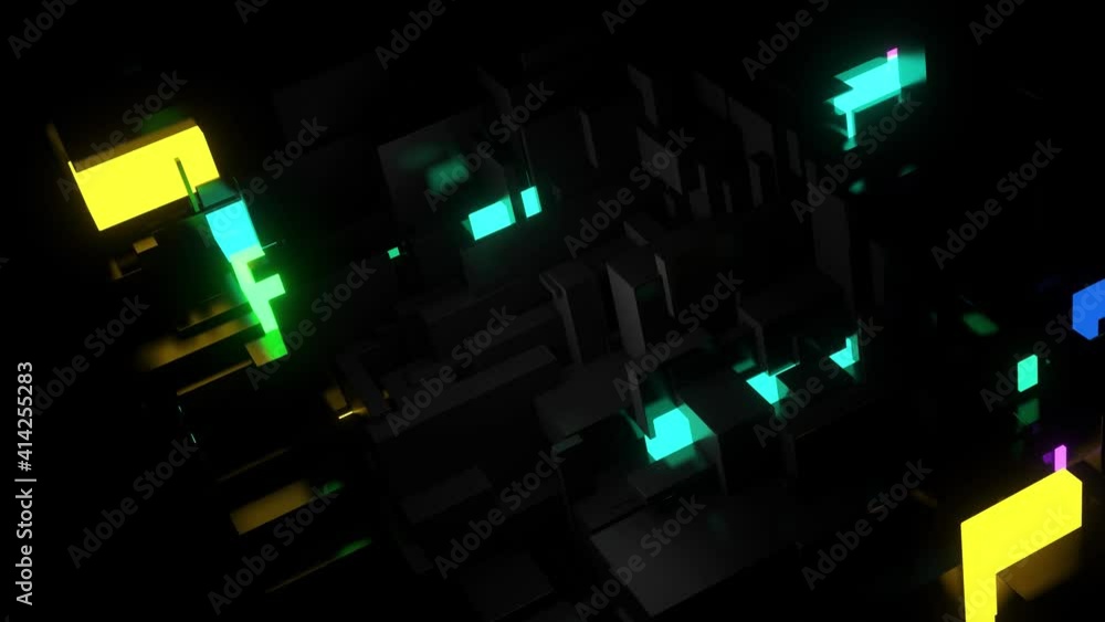 Poster abstract looped 4k dark background neon cubes light bulbs. visualisation of working ai bigdata or bl
